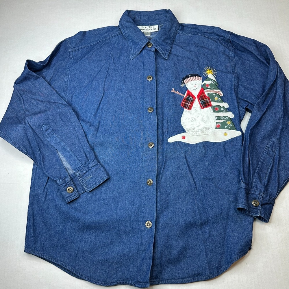 Natural Impressions Christmas Denim Shirt Women M Blue Snowman Tree Cotton LS